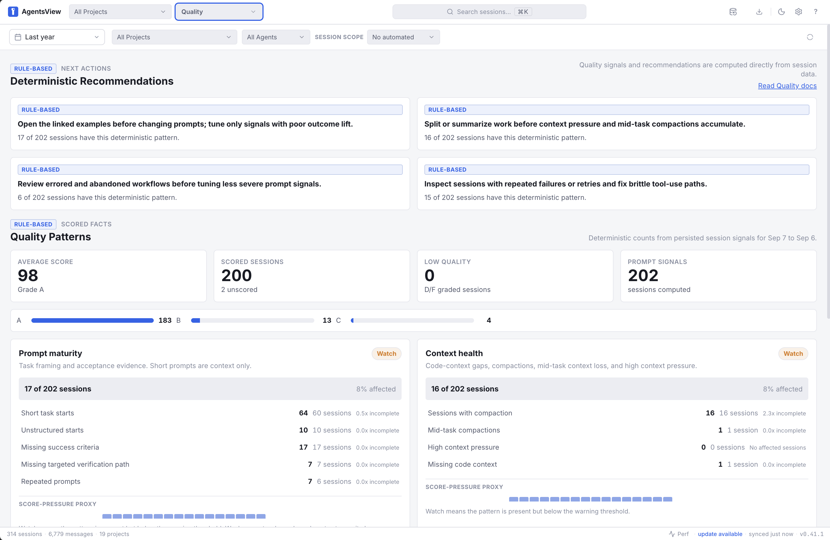 AgentsView Session Quality view provides a little more detail about the aggregated session score, and simple recommendations.