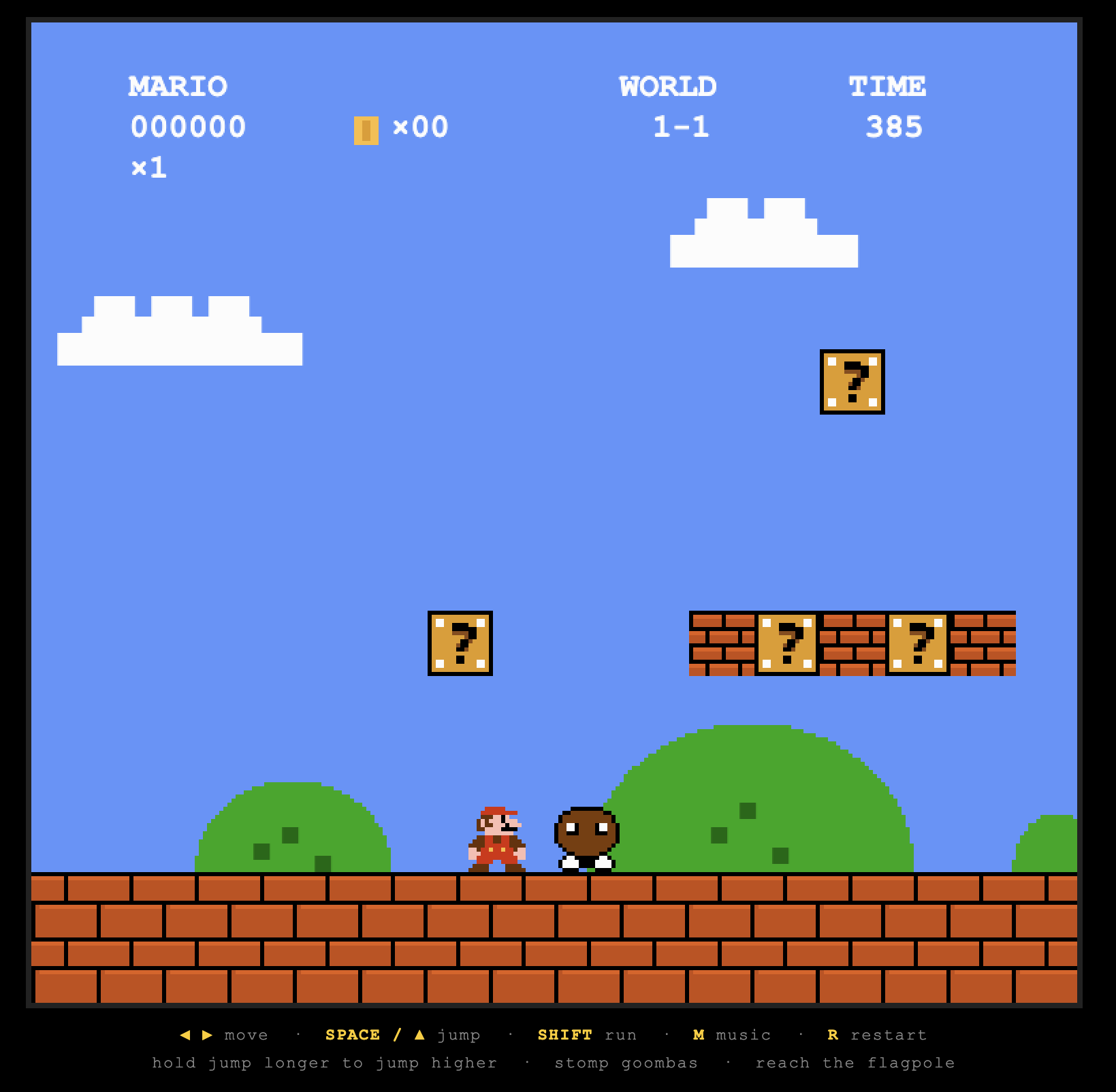 The Mario Bros game by Opus 5. Mario faces a goomba, with graphics looking close to the original game.