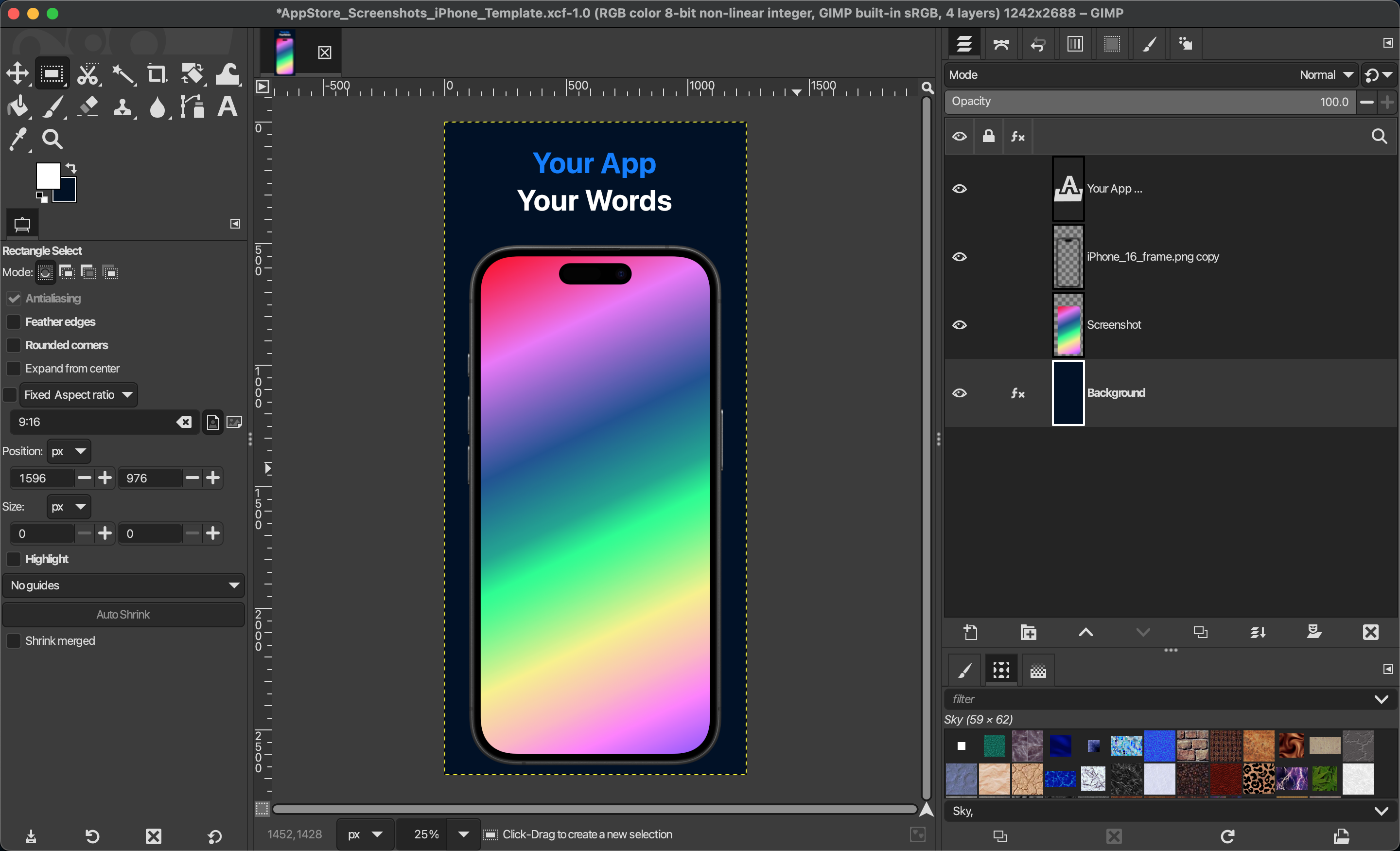 The GIMP template I created for iPhone screenshots for the Apple AppStore