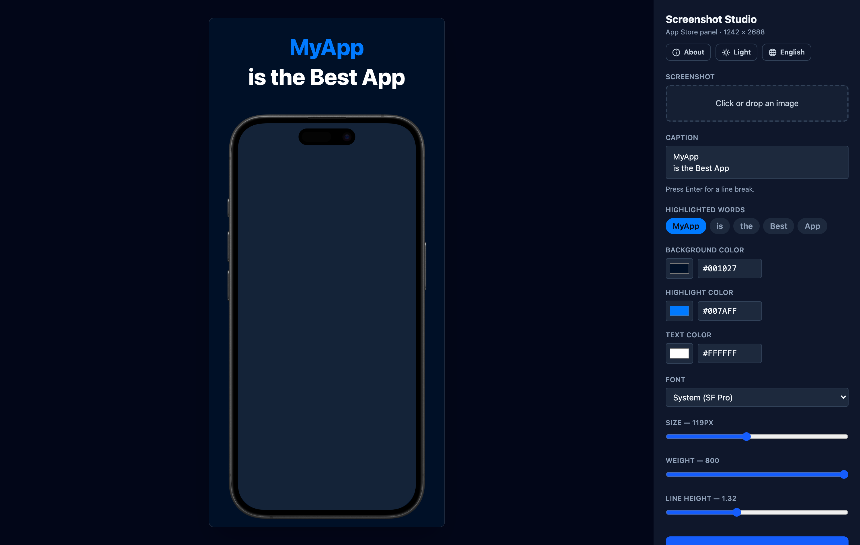 Screenshot Studio on first load, with its default placeholder caption